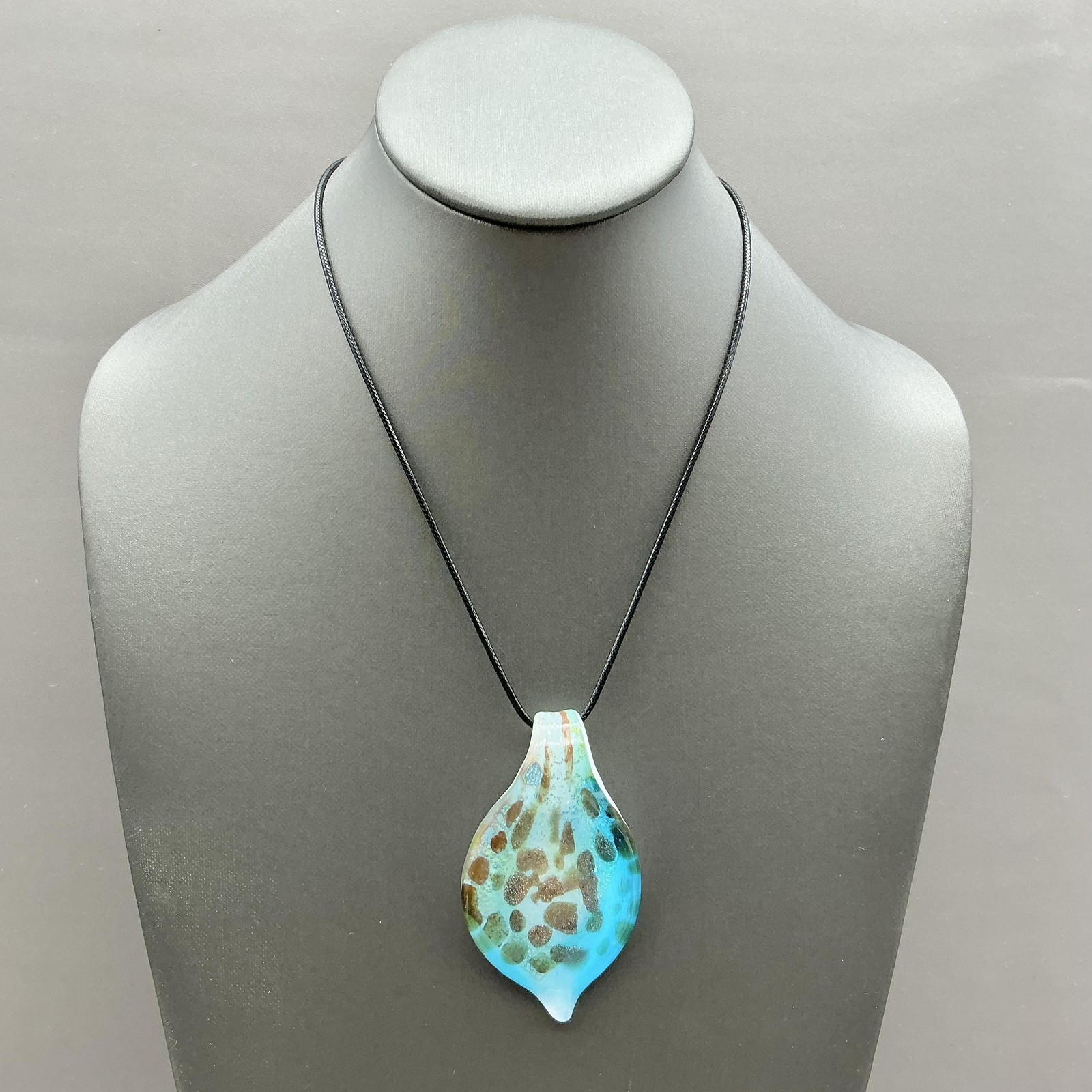 Necklace Blue Murano Glass Signed Pendant Black Cord Chain Womens Jewelry 18″