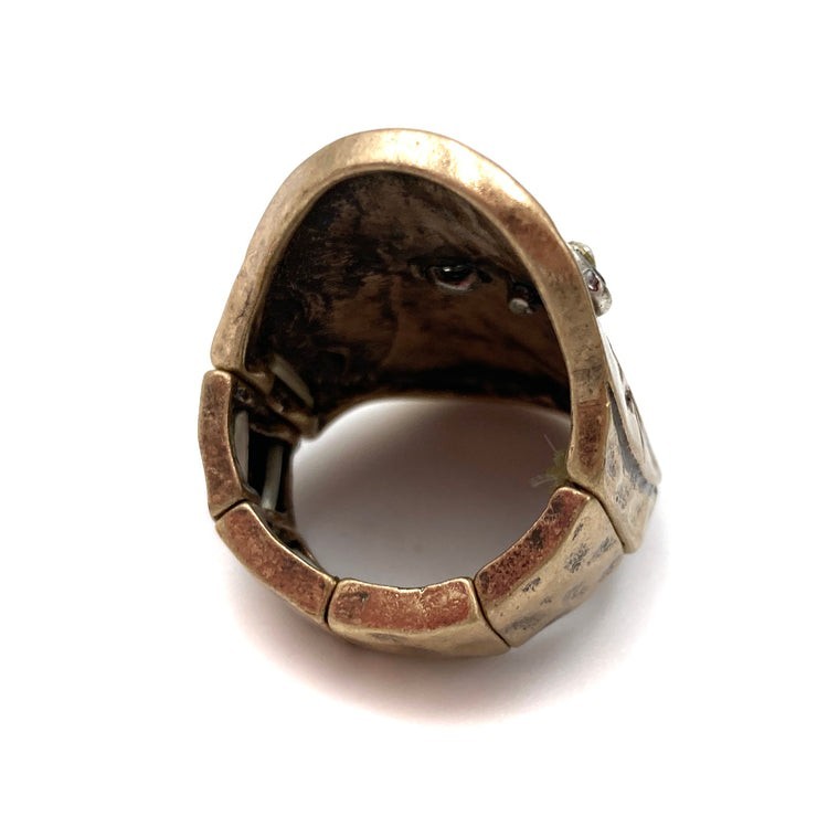 Gold Tone Cross Crystal Cocktail Ring Adjustable Religious Metal