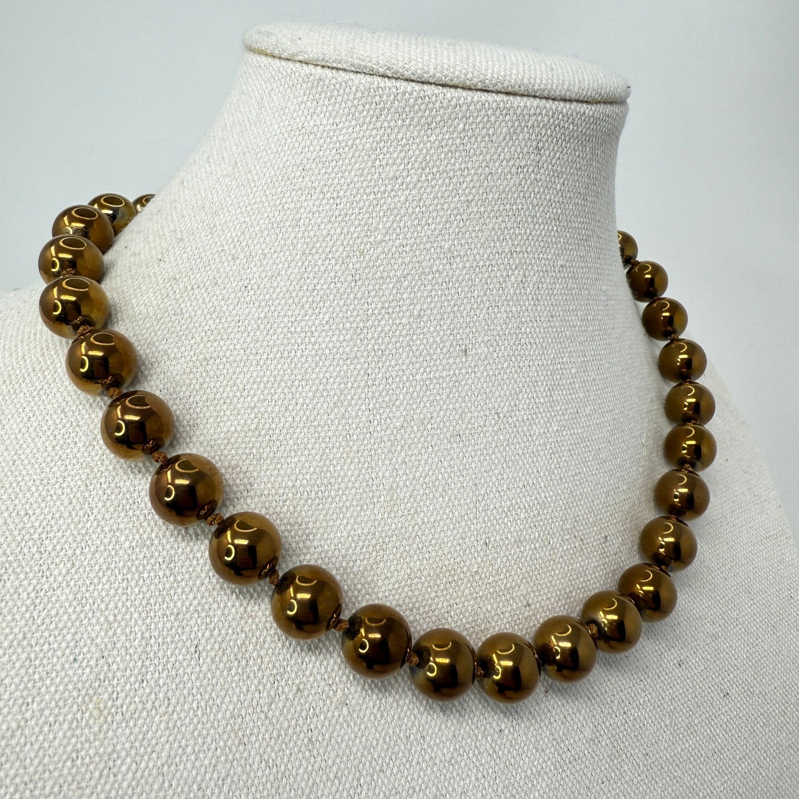Metal Beaded Necklace Heavy Bronze Tone Knotted Sterling Clasp Statement