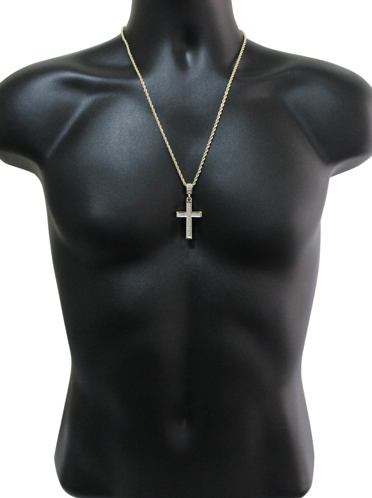 Iced Cross CZ Pendant Hip Hop Fashion 14k Gold Plated w/ 24″ Rope Chain Jewelry