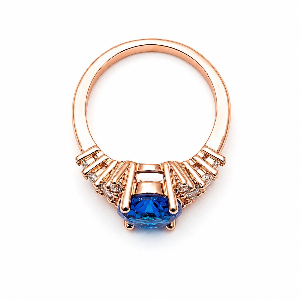 Blue Oval Gemstone Ring – Halo Cluster Setting Rose Gold Tone Size 6