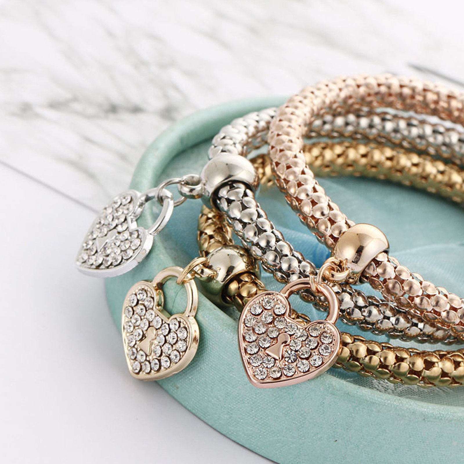 Women’s Fashion Jewelry 3 Piece Silver Rose Gold Heart Bangle Bracelet 53-2