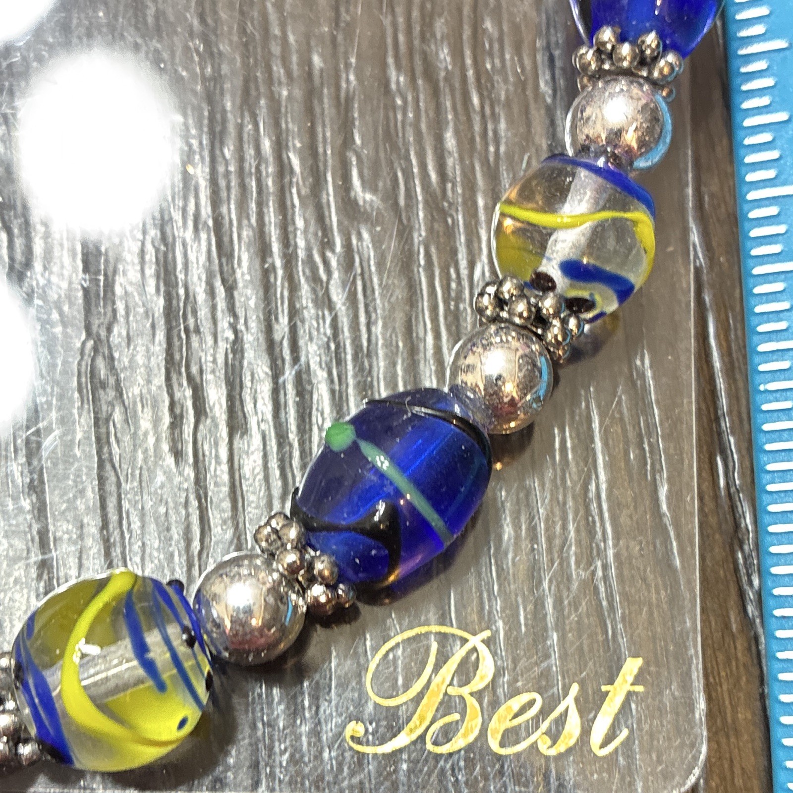 Blue Yellow Glass Beaded Necklace & Earrings Silver Tone Metal Spacer Beads