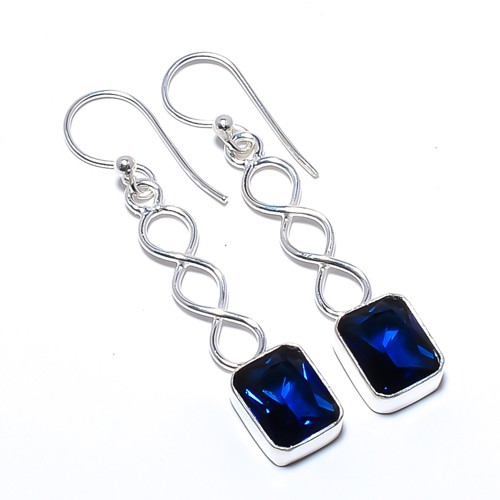 Blue Sapphire (Lab-Created) 925 Silver Plated Spiral Earring 1.79″ A2