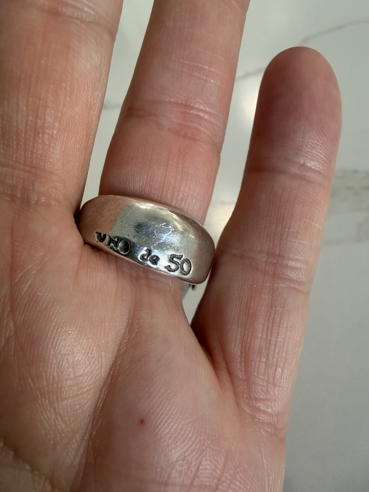 UNOde50 Red Statement Ring Silver Tone Sculptural Bead Ring size 7 with Pouch