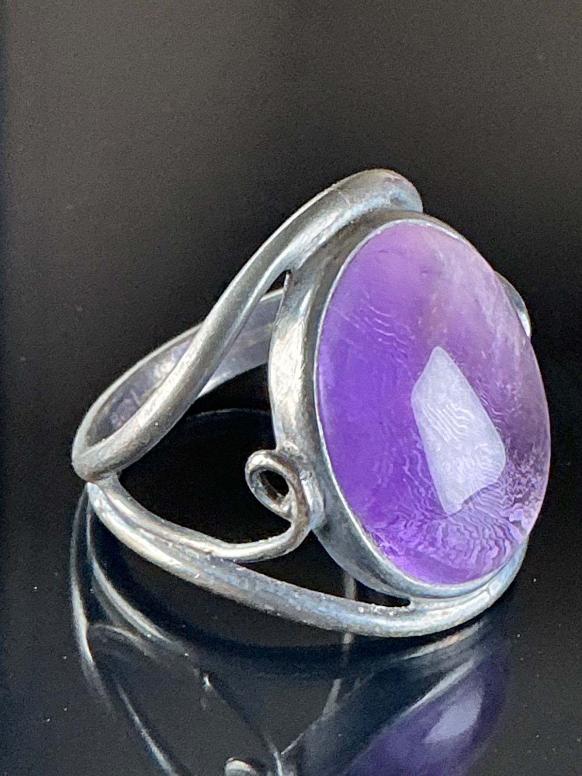 Old Vintage Unique Style Purple Amethyst Stone Silver Ring Size 10