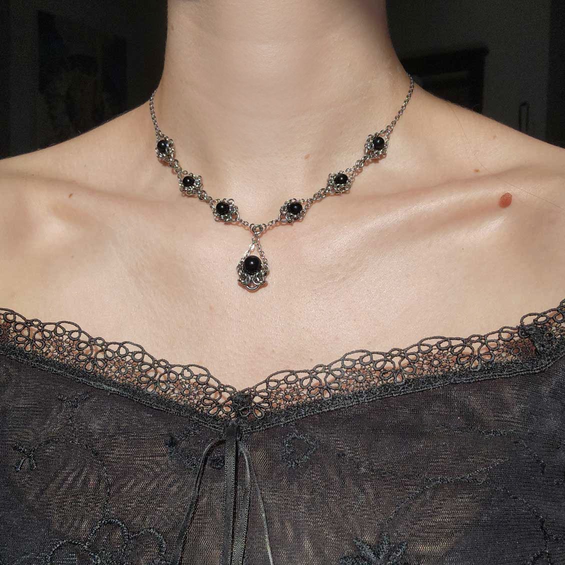 Vintage Victorian style elegant black onyx and stainless steel necklace
