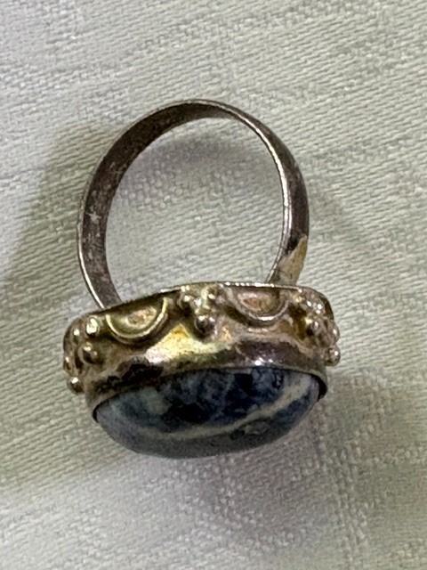 Sodalite Bezel Set Silvertone Ring Oval Blue Stone 1″ Face, Size 7–7.5