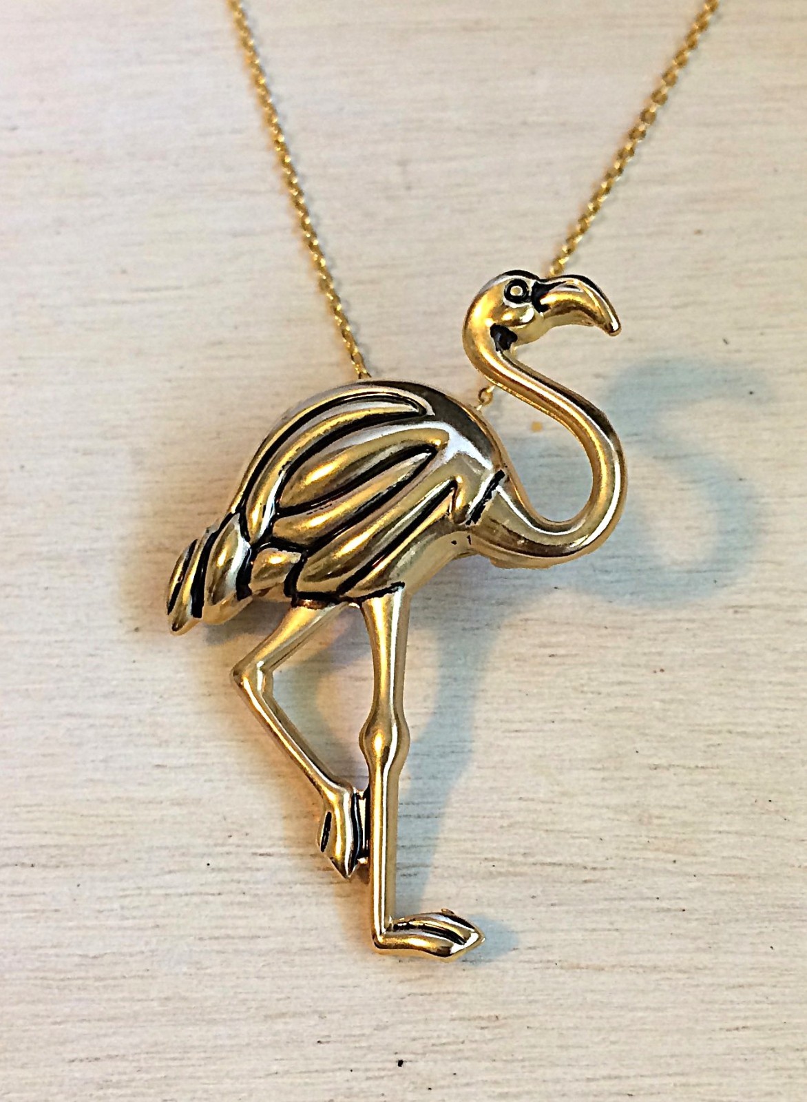 Vintage Gold Tone 1990s Flamingo Bird Pendant Brooch Pin Necklace 20″ NOS