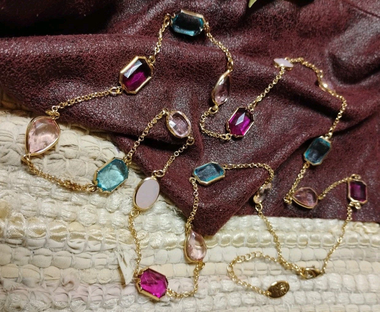 TIME and TRU 34″+ Long Bezel Set Acrylic, Glass, Stone Gems Gold Tone Necklace!