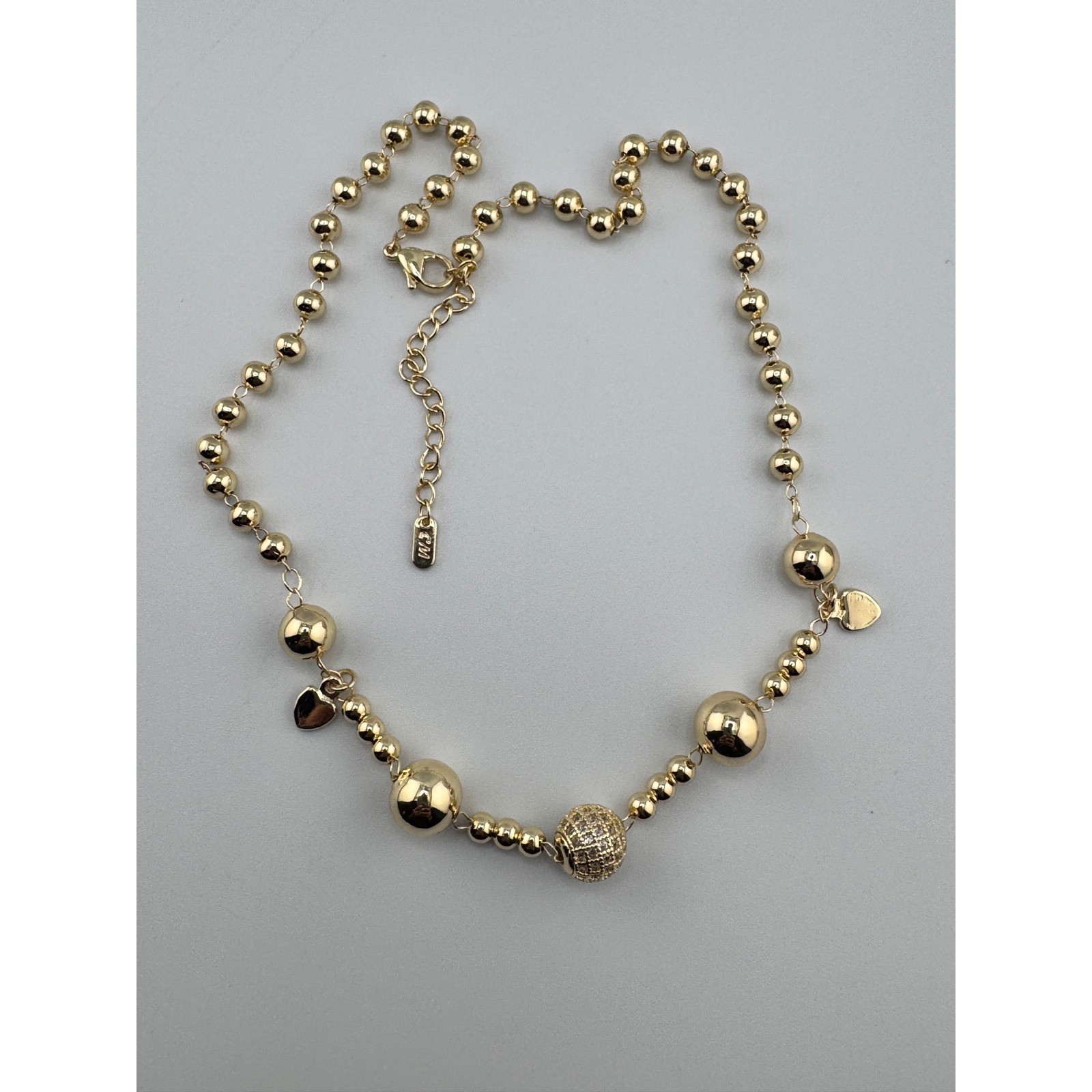 Gold Graduated Ball Bead Necklace Pave Crystal Disco Ball Heart Accents CM