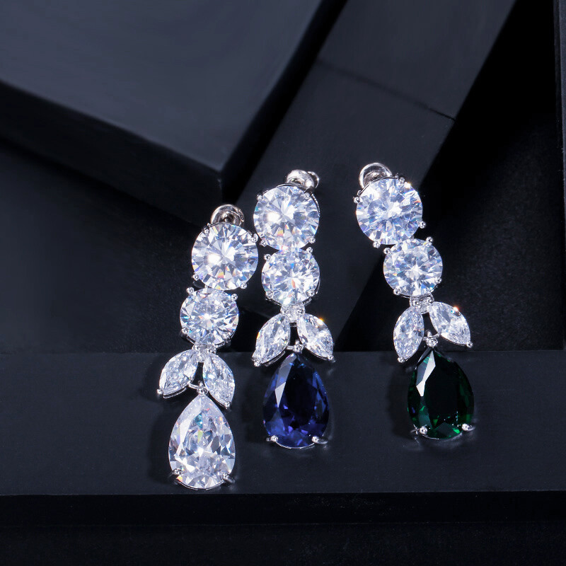 CWWZircons CZ Big Dangle Drop Bridal Wedding White Necklace Earrings Jewelry Set