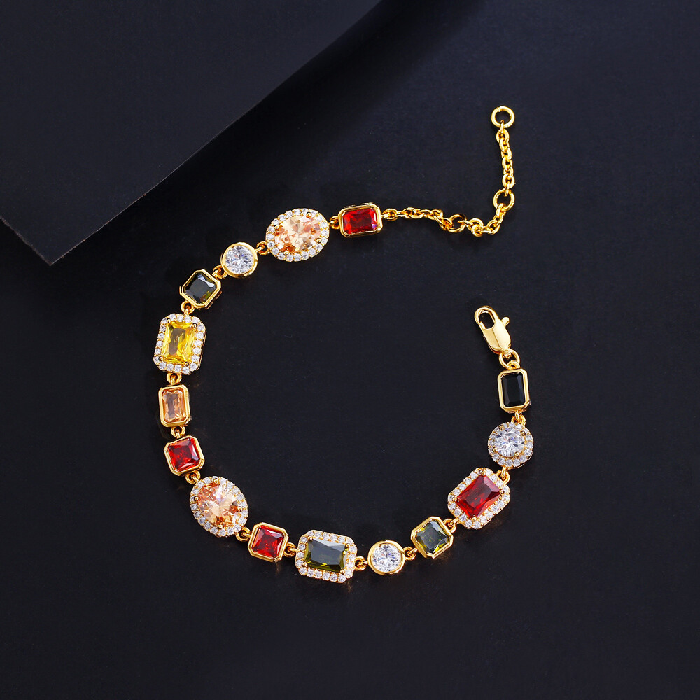 Women Boho Gold Plated Colorful Cubic Zirconia Chain Bracelet Party Jewelry Gift