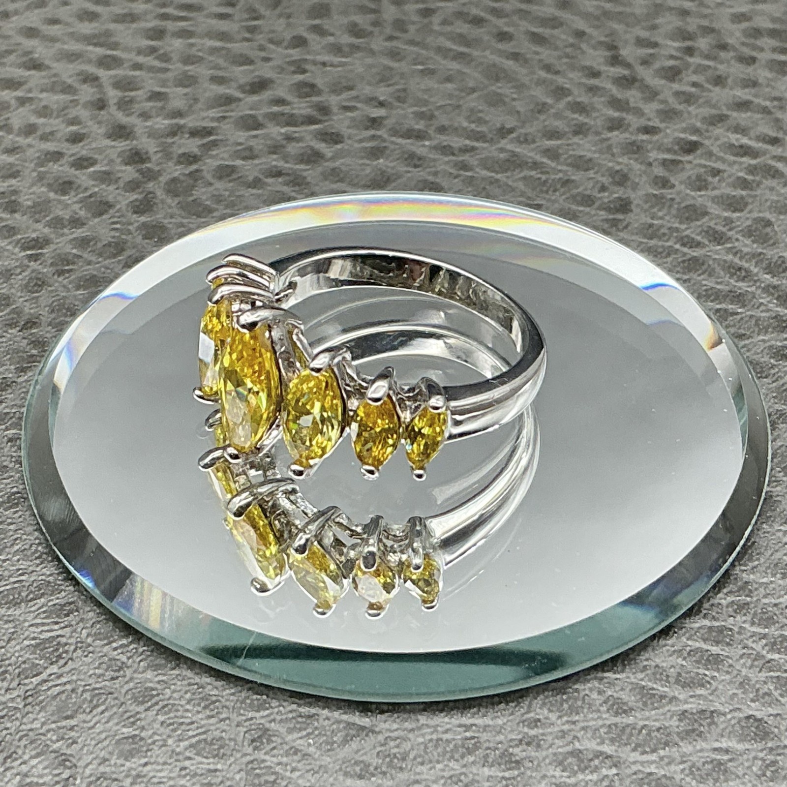Ring Size 7 Silver Tone Yellow Marquise Stone Split Shank Cocktail Statement