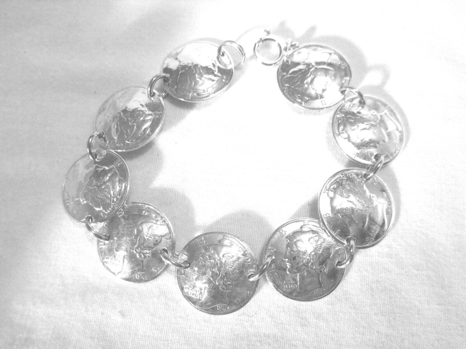 Antique Silver Mercury Dime bracelet, drilled side-by-side-free shipping!