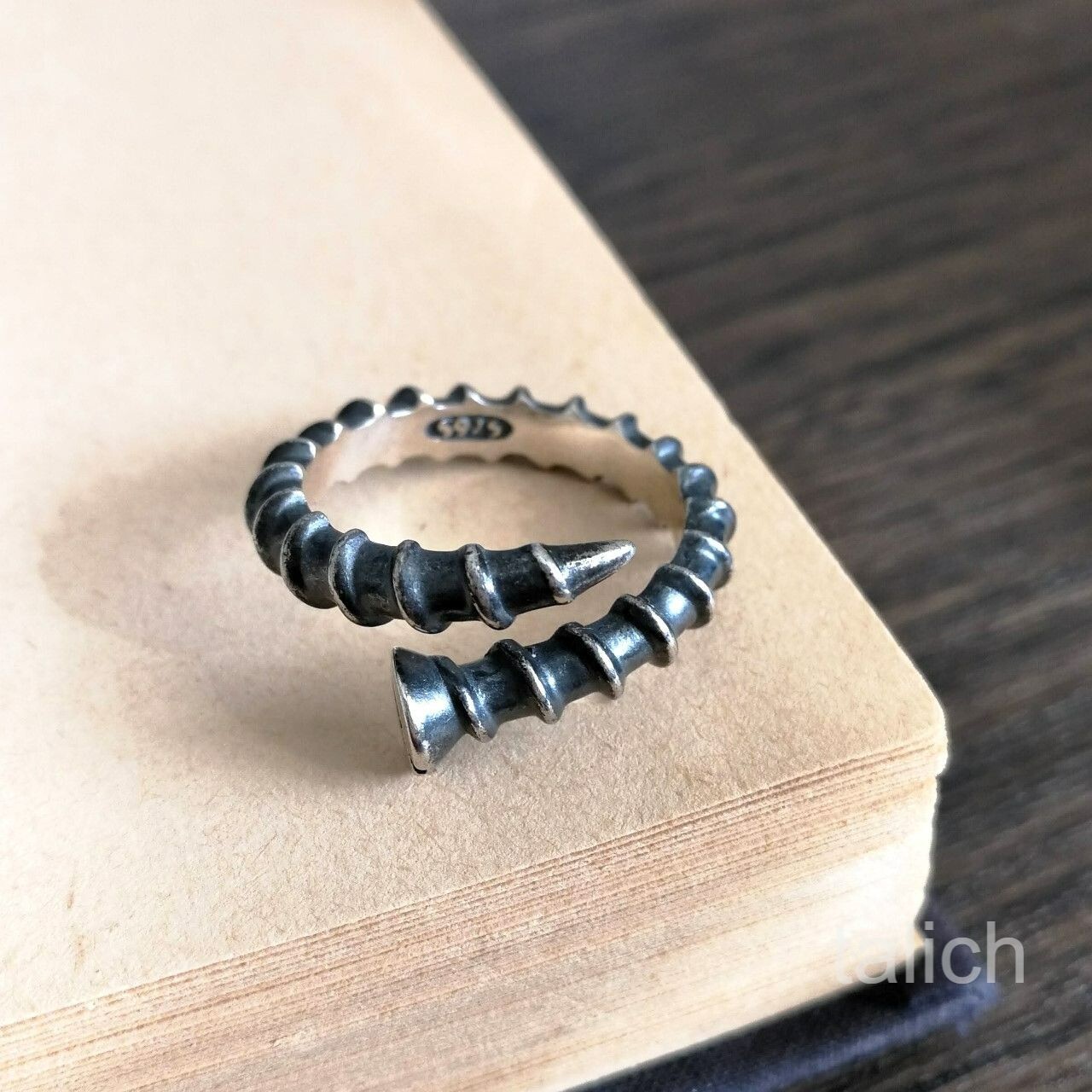 Dark 925 Sterling Silver Detailed Screw Nail Wrap Ring Adjustable Gothic Unique