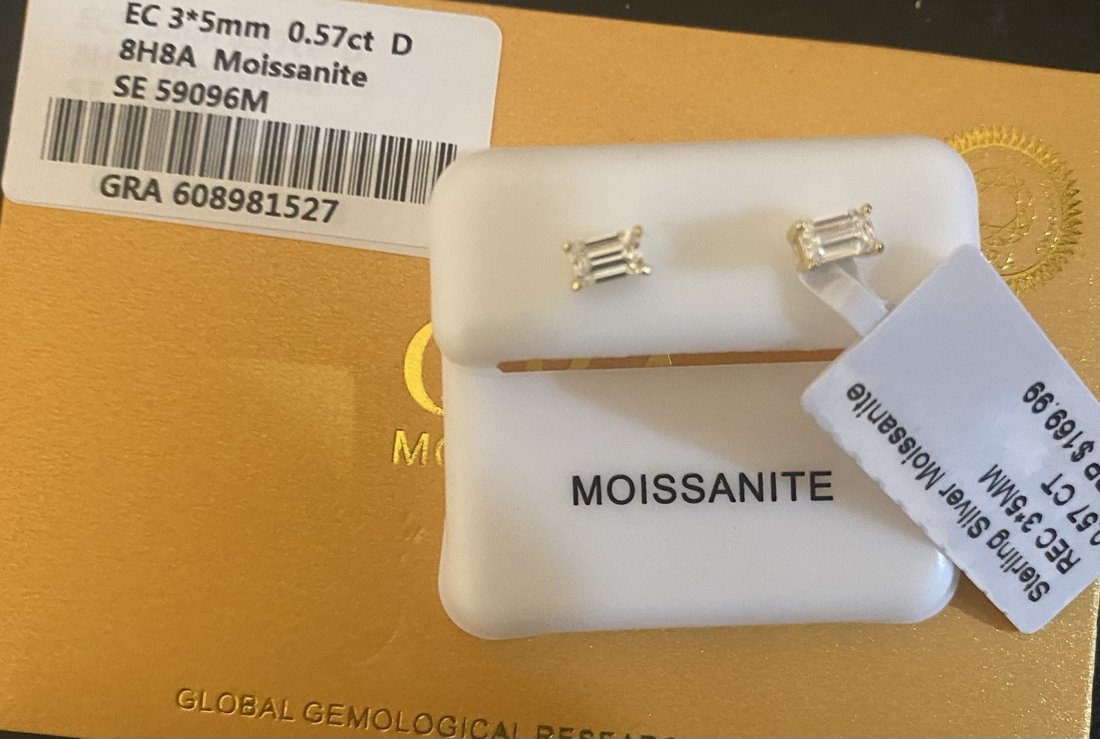 Moissanite Emerald Cut VVS1 Stud Earrings, Prong Set, 925 Silver Gold Tone