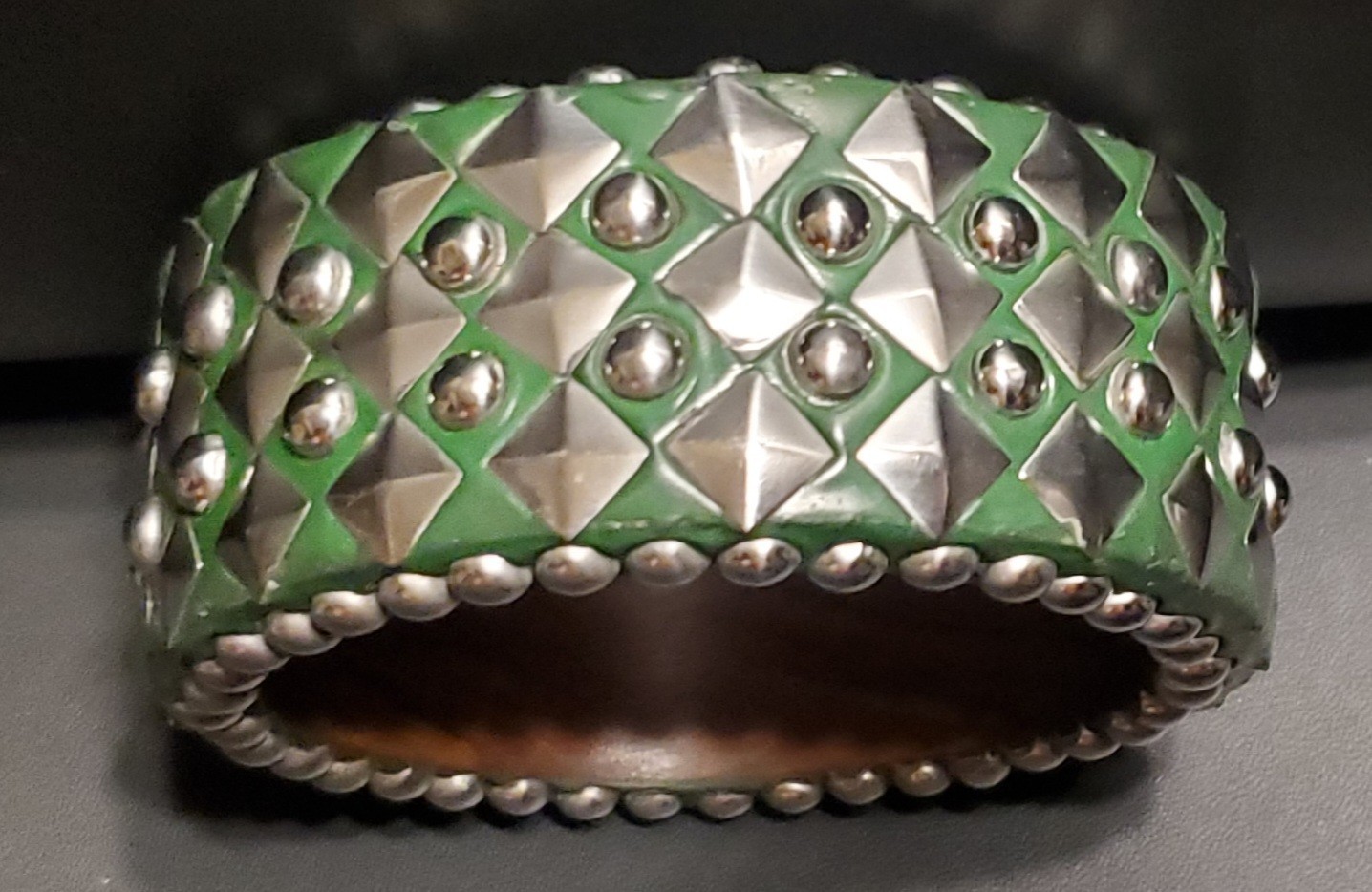 NIP Antika Boho Rocker Wide Statement Green Enamel Studded Bangle Bracelet
