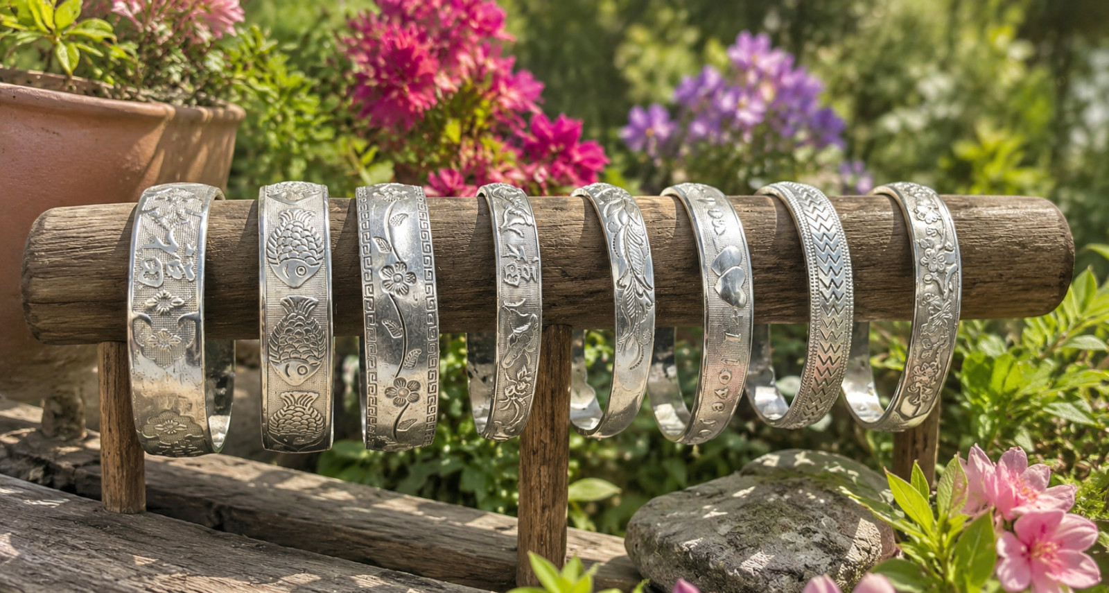 Tibetan Silver Open Cuff Bangle Bracelet Set Engraved Boho Women 10 pc
