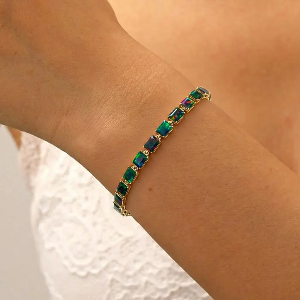 Fire White Opal Gemstone Silver Tennis Bracelet, AAA Ethiopian Opal Gemstone 925