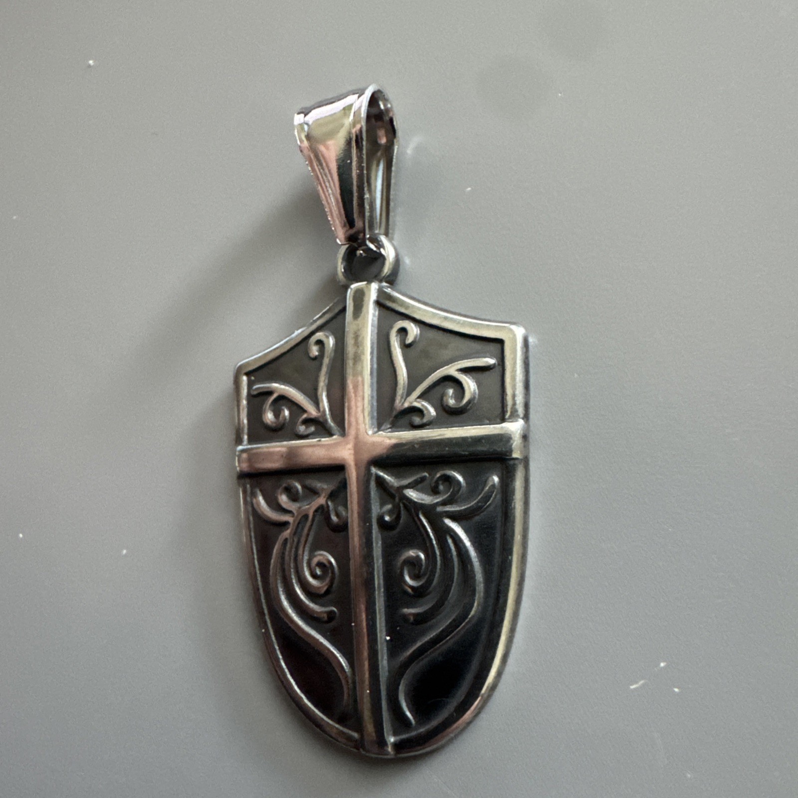 Cross Shield Viking Stainless Steel Pendant 24 Inch Box Chain Religious Faith
