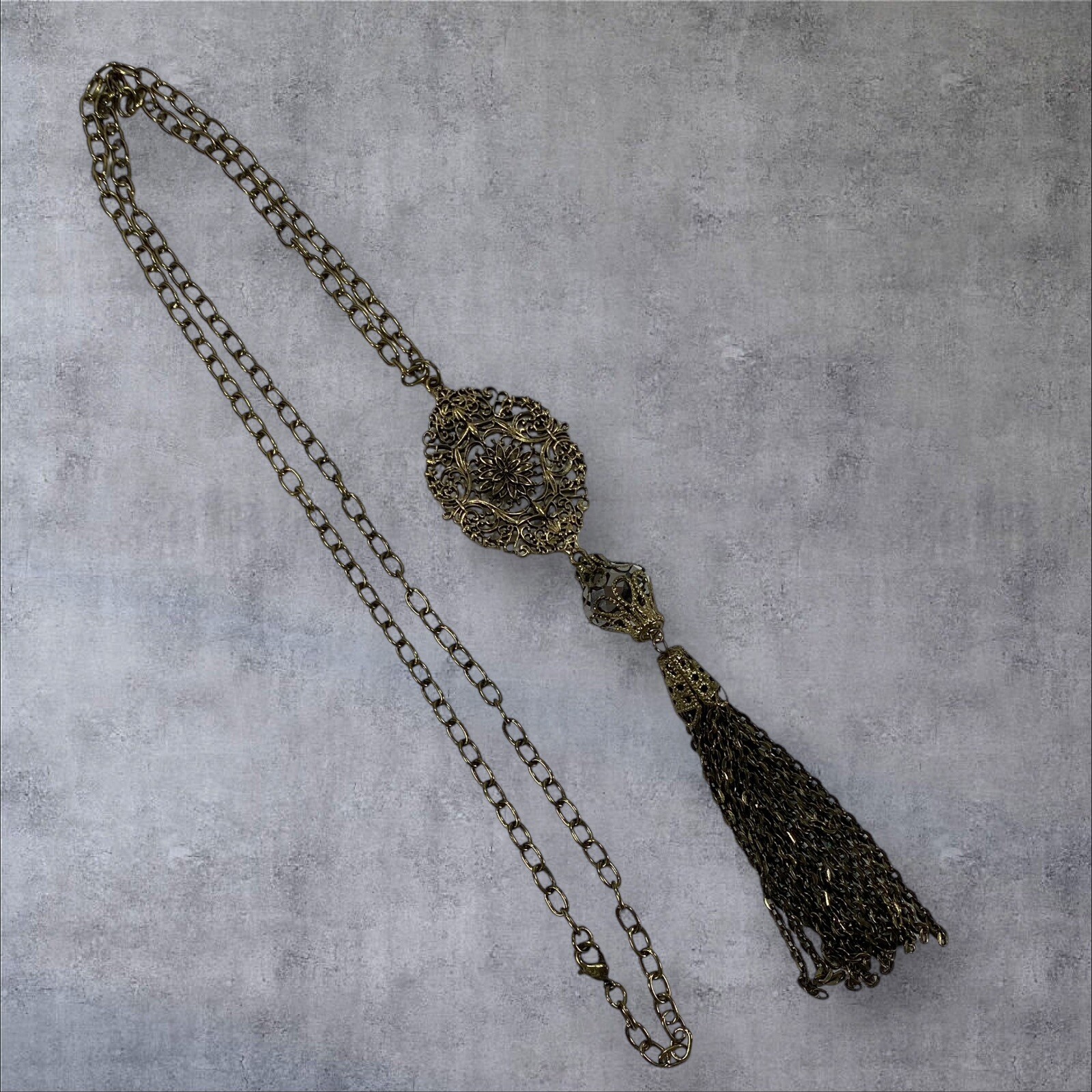 Vintage Antiqued Brass Necklace Link Chain Filigree 29 in + Tassel Pendant