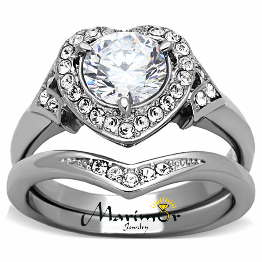 2.75 Ct Round Cut CZ Halo Heart Stainless Steel Wedding Ring Set Women’s Sz 5-11