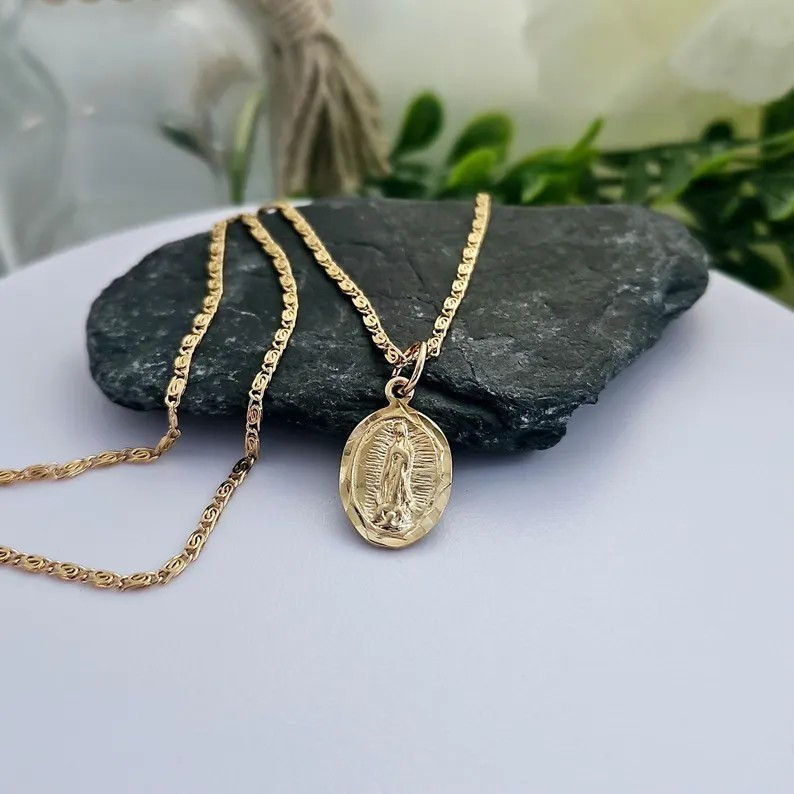 Gold Virgin Mary Necklace, Small Guadalupe Necklace, 14k Heavy Plated Gold