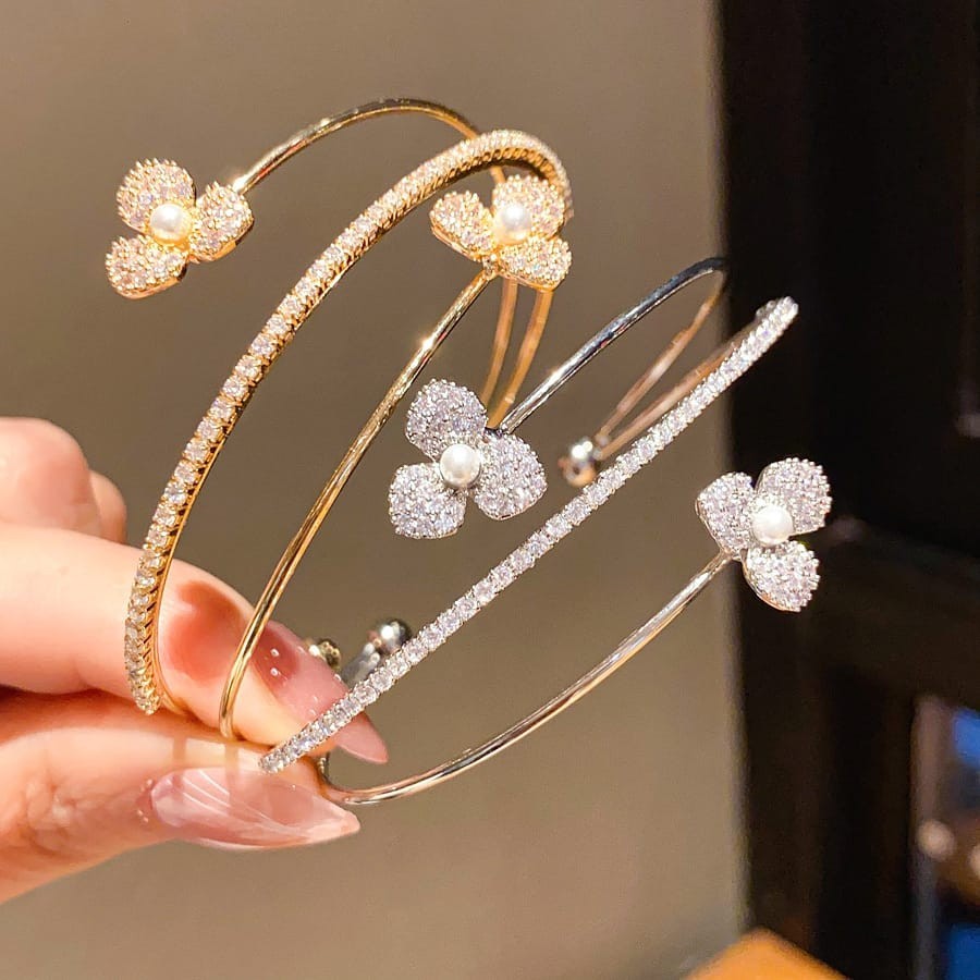 Women’s Open Cuff Bracelet Gold Tone Flower Cubic Zirconia Adjustable Bangle