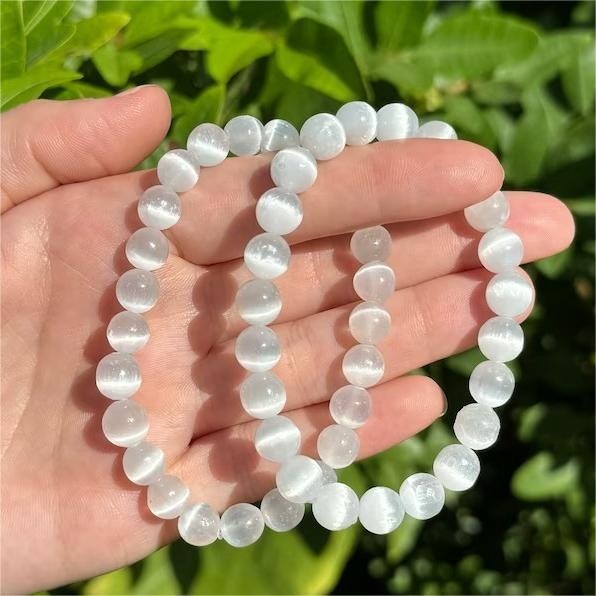 Handmade Natural Selenite Elastic Stretch Bracelet – 8mm Round Gemstone Bead