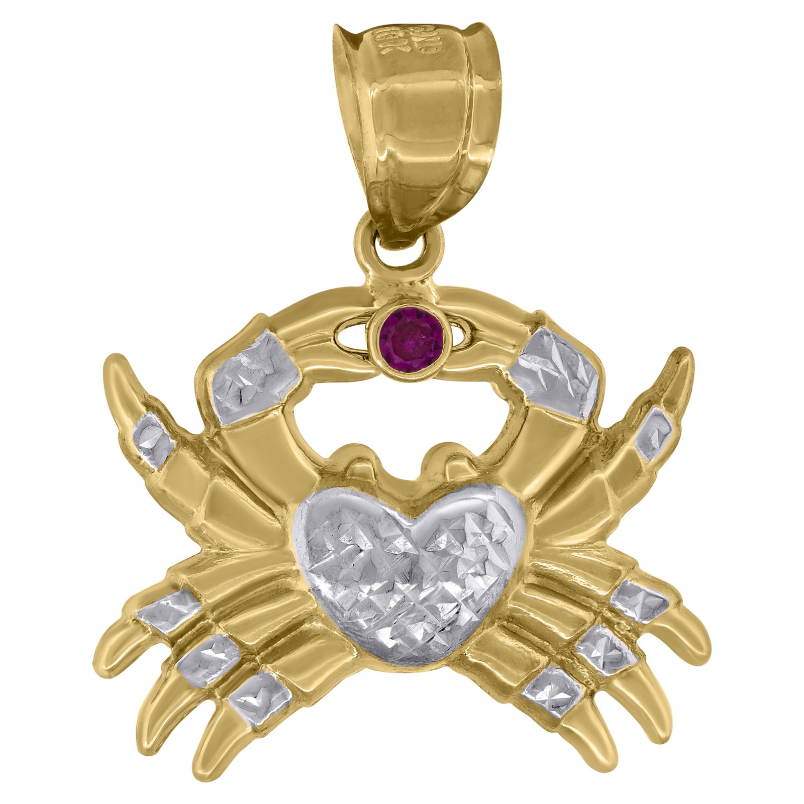 14K Two Tone Gold Round Purple CZ Unisex 1.25″ D/C Charm Ocean Life Crab Pendant
