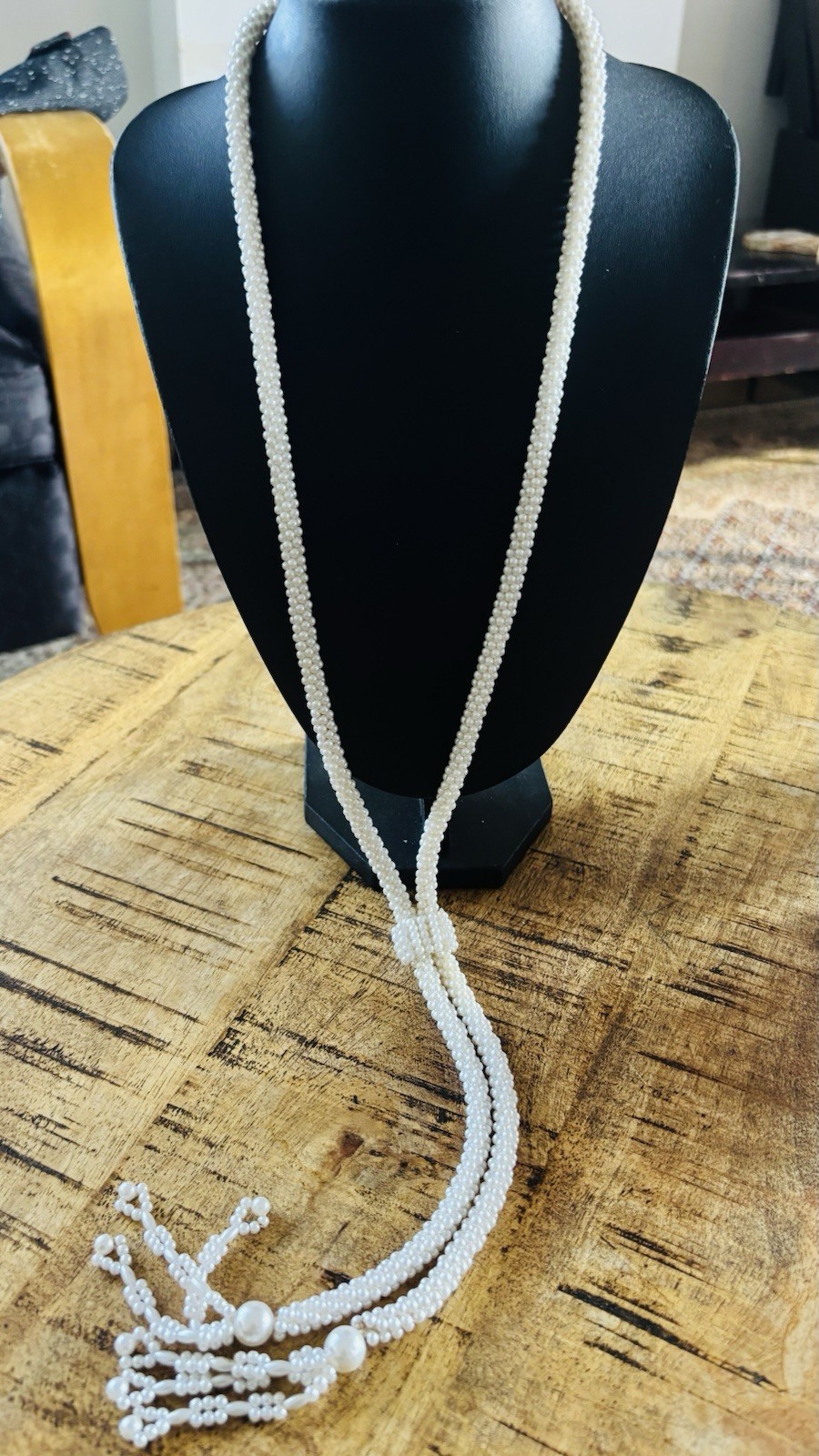 Faux Seed Pearl Lariat Necklace Woven Slider Tassel Flapper Boho VTG
