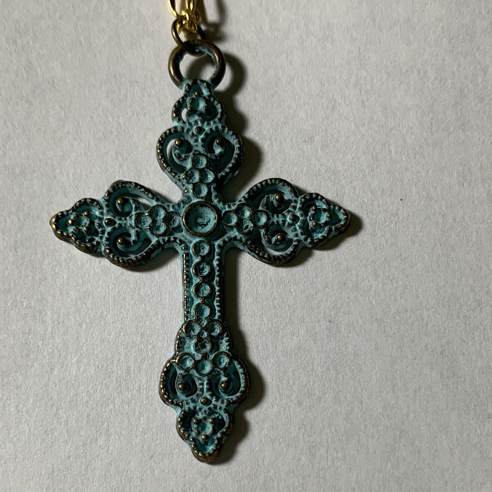 Gold Tone Metal Cable Chain Necklace Blue Cross Pendant Lobster Clasp