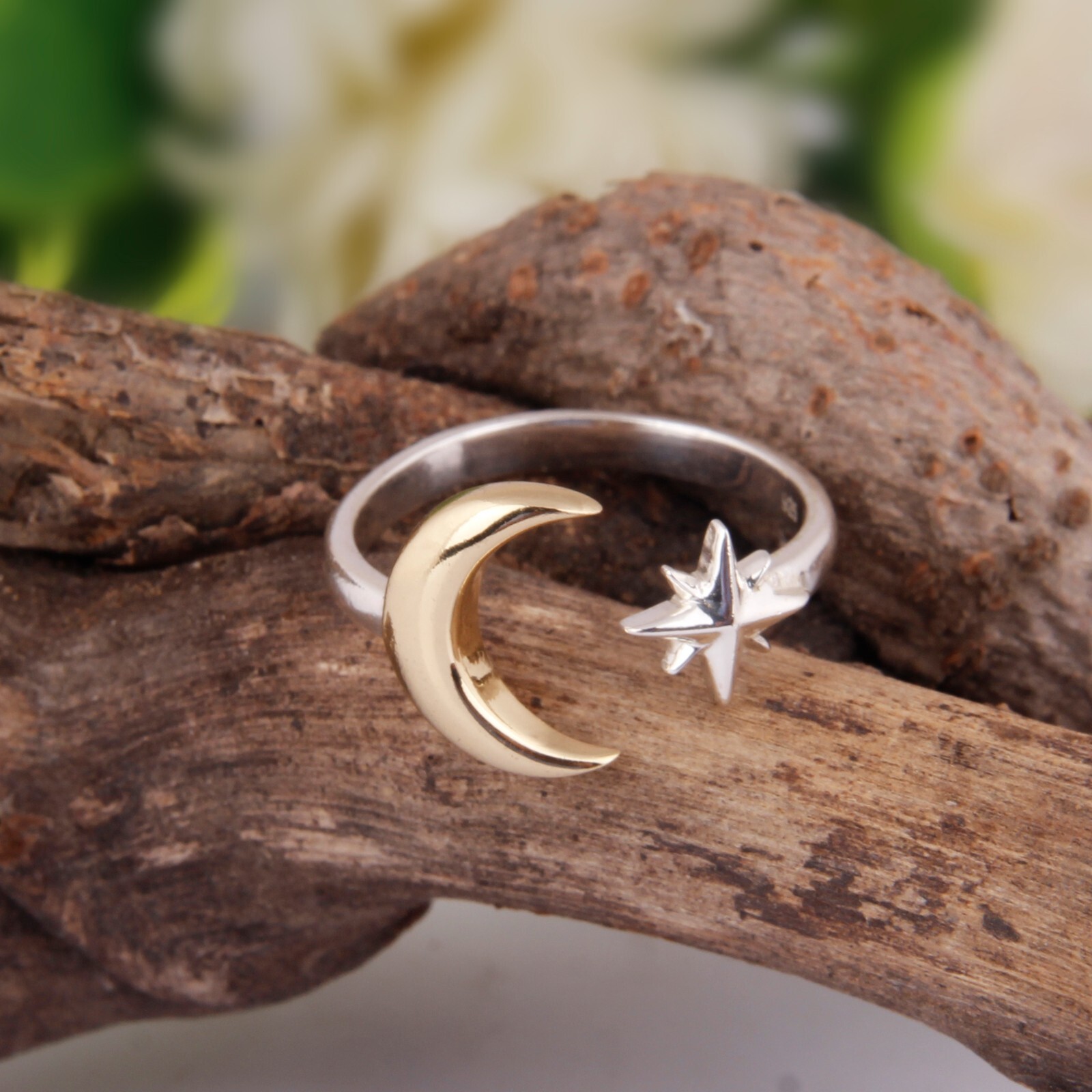 Star and Crescent Moon Adjustable Ring Two Tone Engagement Rings Gift Jewelry