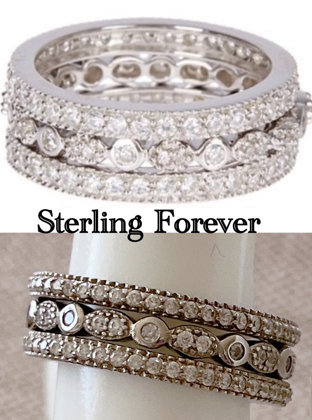 Sterling Forever Sterling Silver 3-Row CZ Band Ring, Silvertone, Size 6,$110