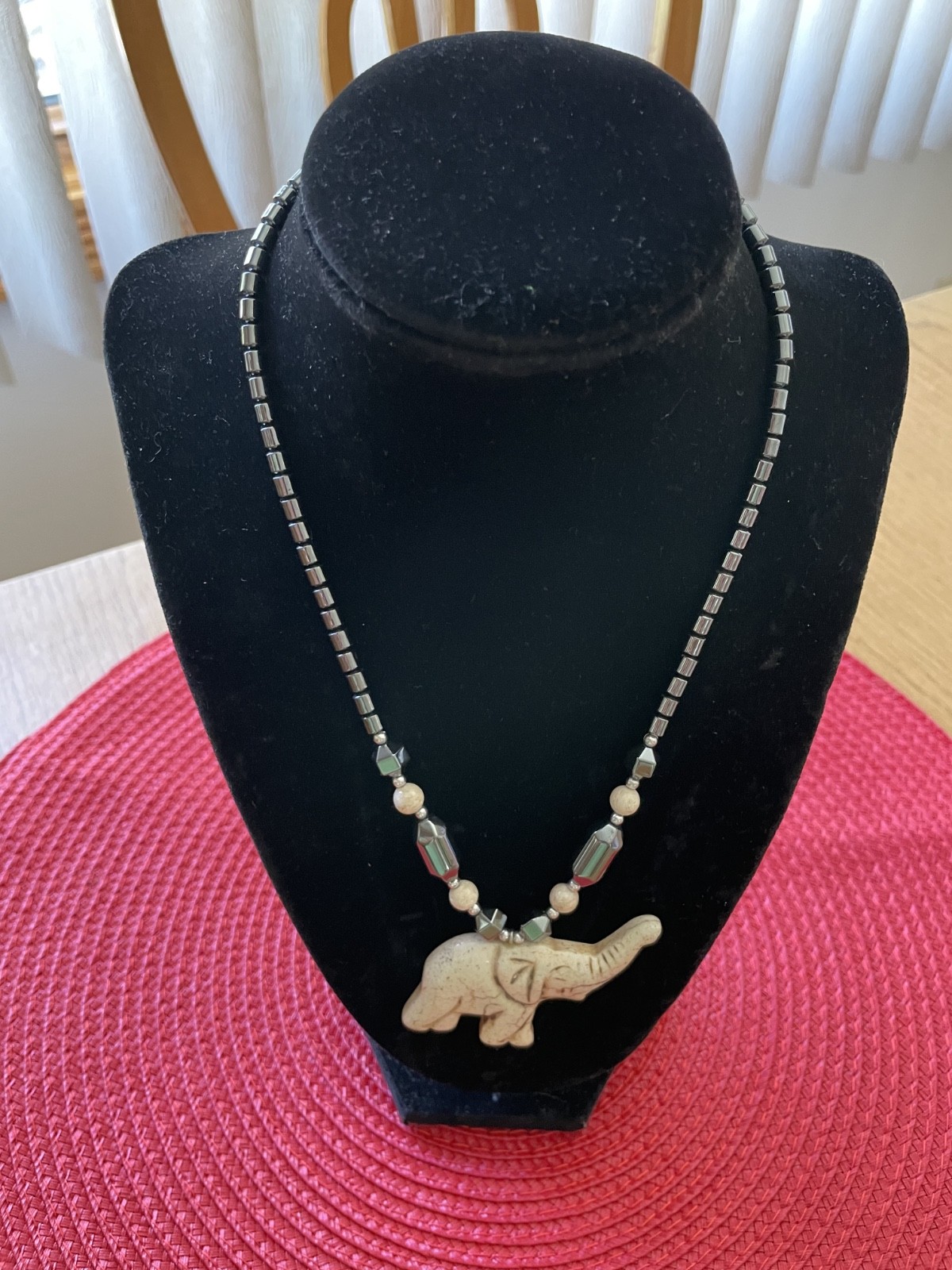 Stone Elephant Pendant Necklace w/ Hematite Beads 16″ Chain