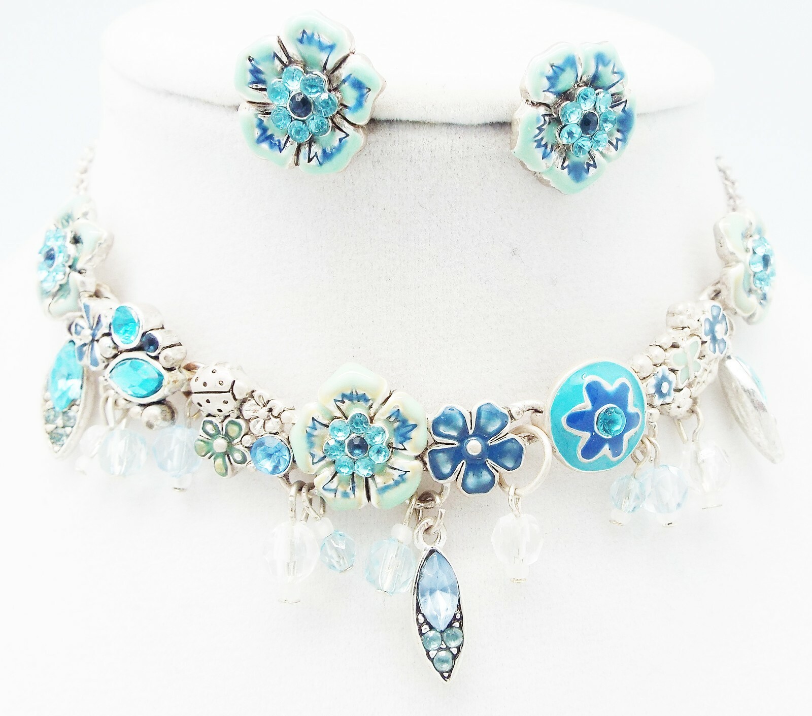 DESIGNER INSPIRED BLUE MULTI BUTTERFLY LADYBUG FLORAL ENAMEL SILVER JEWELRY SET