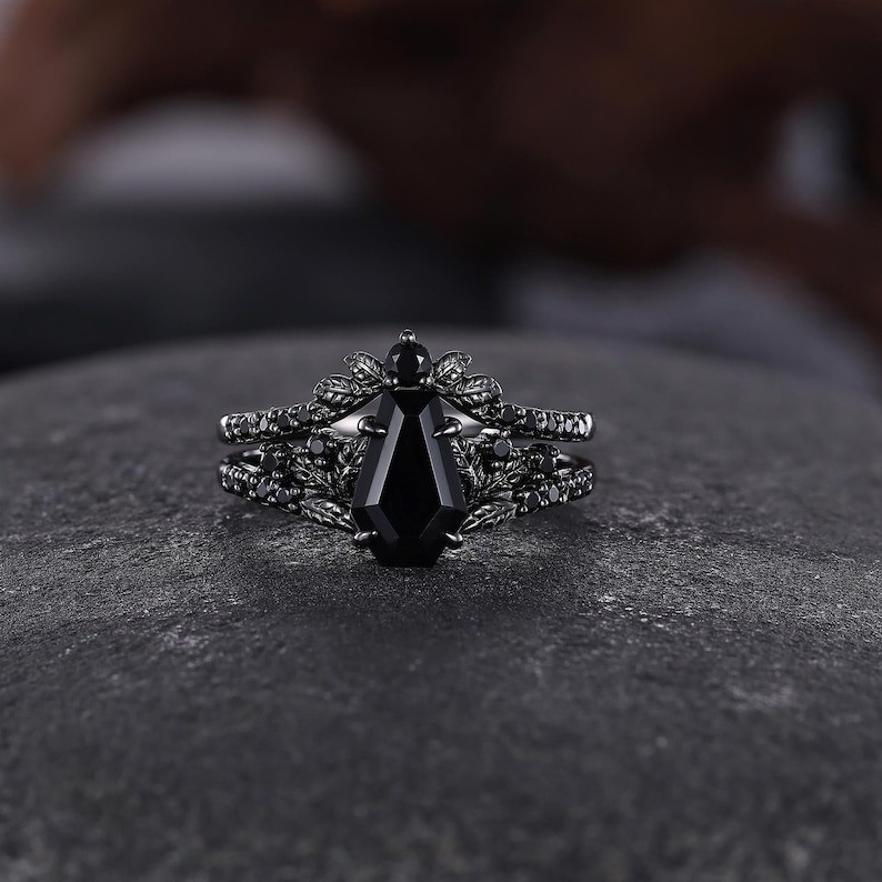 Black Onyx Gothic Engagement Ring Coffin Stone Vintage Leaf Statement Jewelry