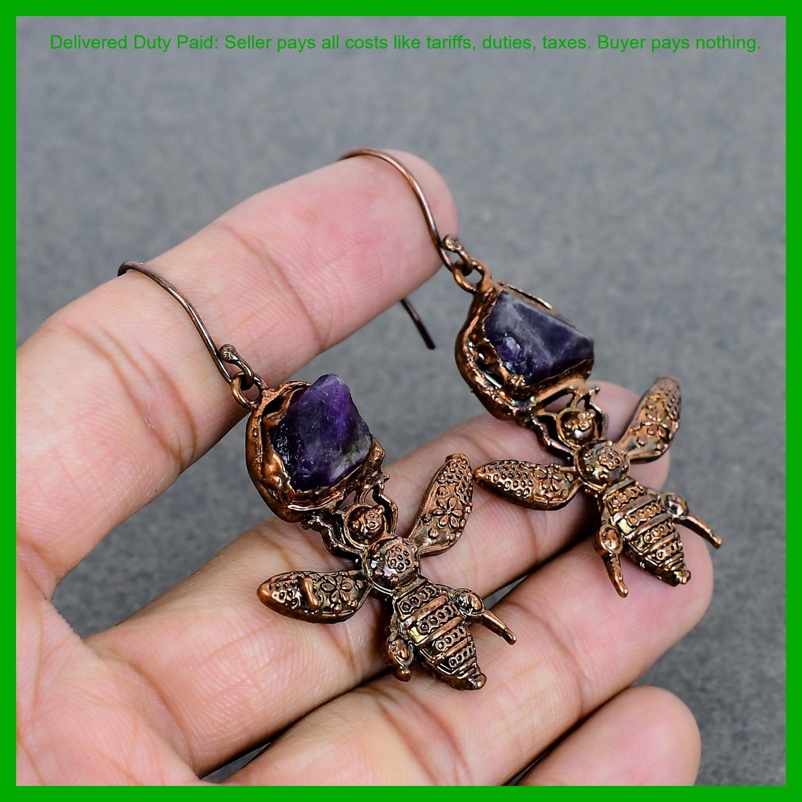 Pentagon African Amethyst Rough Gemstone Copper Mother Gift Boho Dangle Earrings