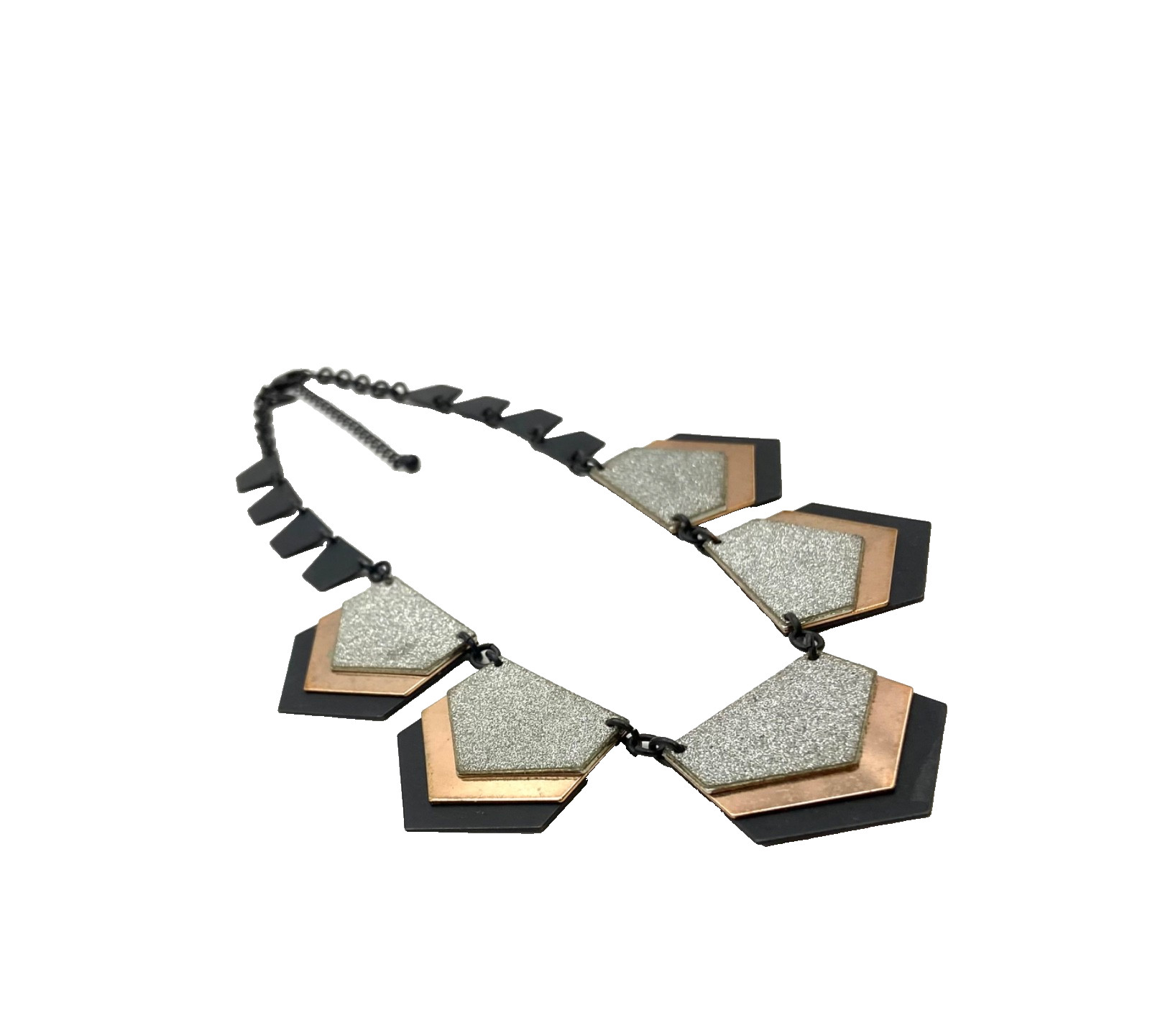 Express Black Triple Layer Pentagon Panel Necklace Tri-Tone Glitter Statement