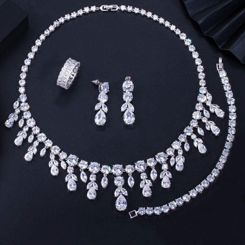 CZ Dangle Drop Cubic Zirconia Necklace Earrings Bracelet Ring Bridal Jewelry Set