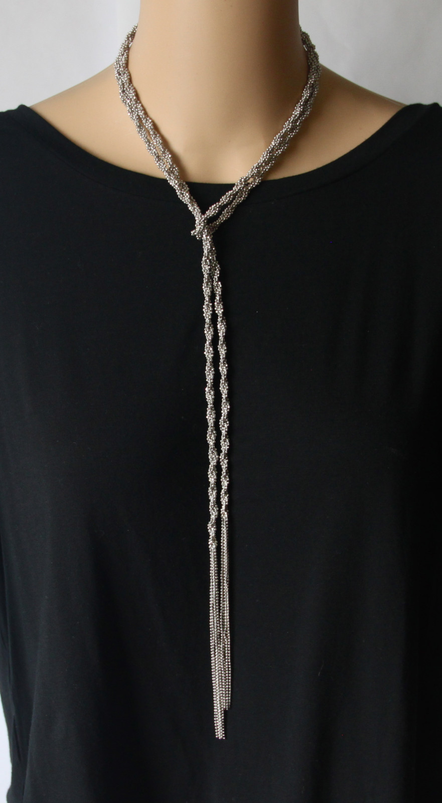 Jollie Rhodium Plated Aluminum Long Knot Tie Chain Fashion Y Twisted Necklace