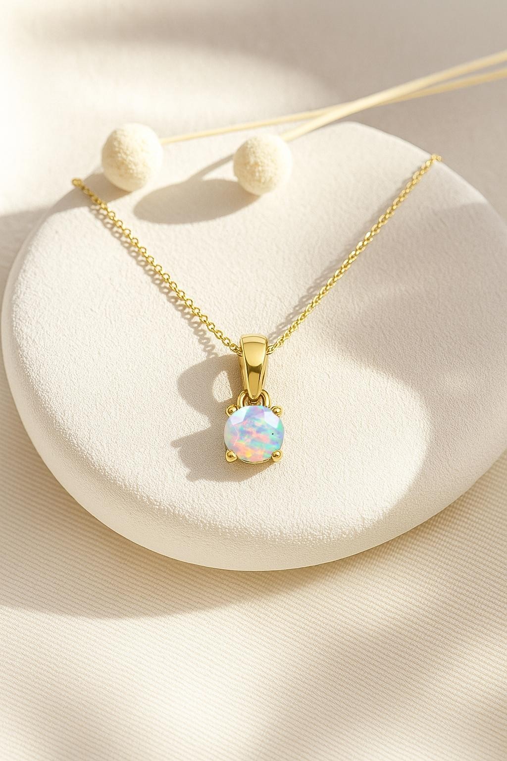 Fire White Opal Round Gemstone Pendant Necklace, Ethiopian Opal Gemstone Gold
