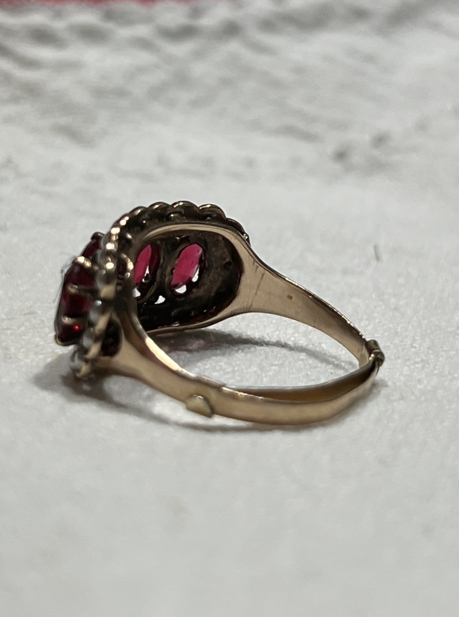 Vintage Rubellite Ring With Seed Pearls, Gold, Size 7 but can adjust (pictured)