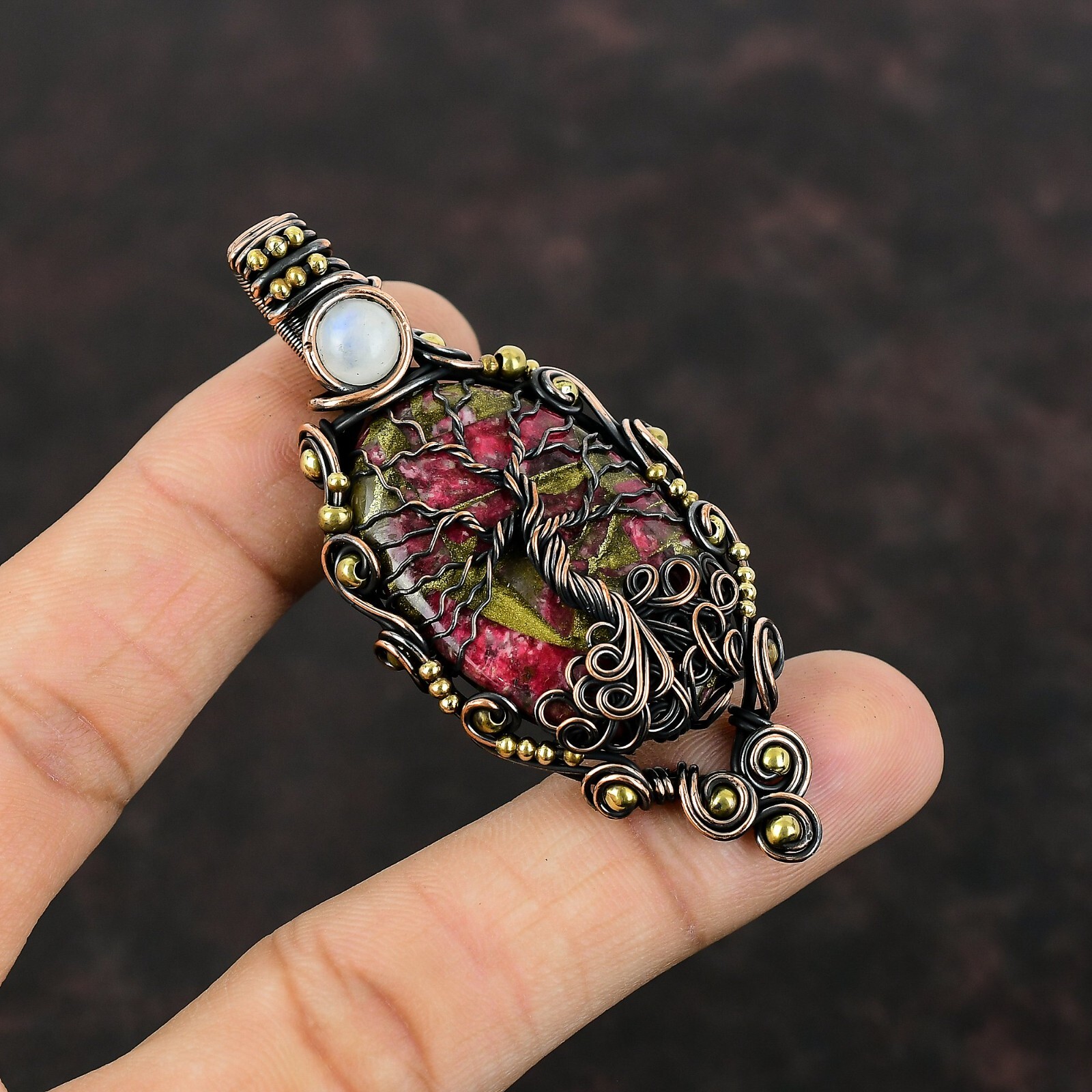 Thulite Copper Gift For Briedsmaid Wire Wrapped Tree Of Life Pendant 2.76″