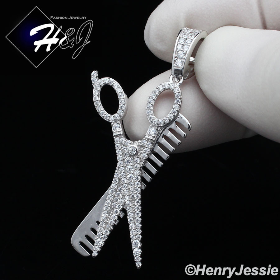 925 STERLING SILVER ICY BLING CZ GOLD PLATED/SILVER COMB SCISSORS PENDANT*SP224