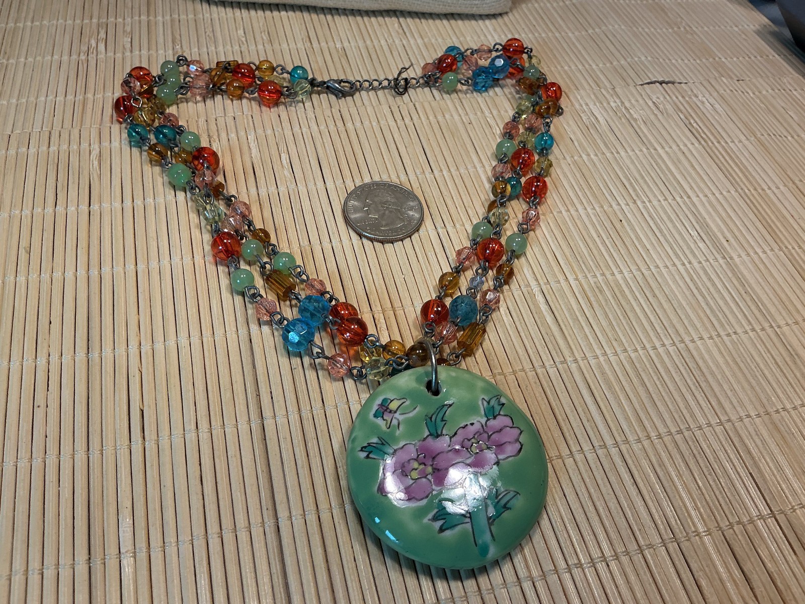 Fashion Necklace Porcelain Floral Amulet Multi Color Acrylic Beads Lot 104D