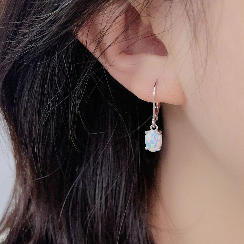 White Fire Opal Dangle Earring Silver Drop Hoop Daily Women Earrings gift