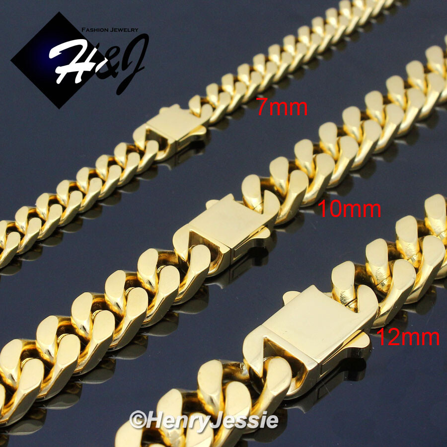 16″-40″MEN Stainless Steel 7/10/12mm Gold Plated Miami Cuban Curb Necklace*GN166