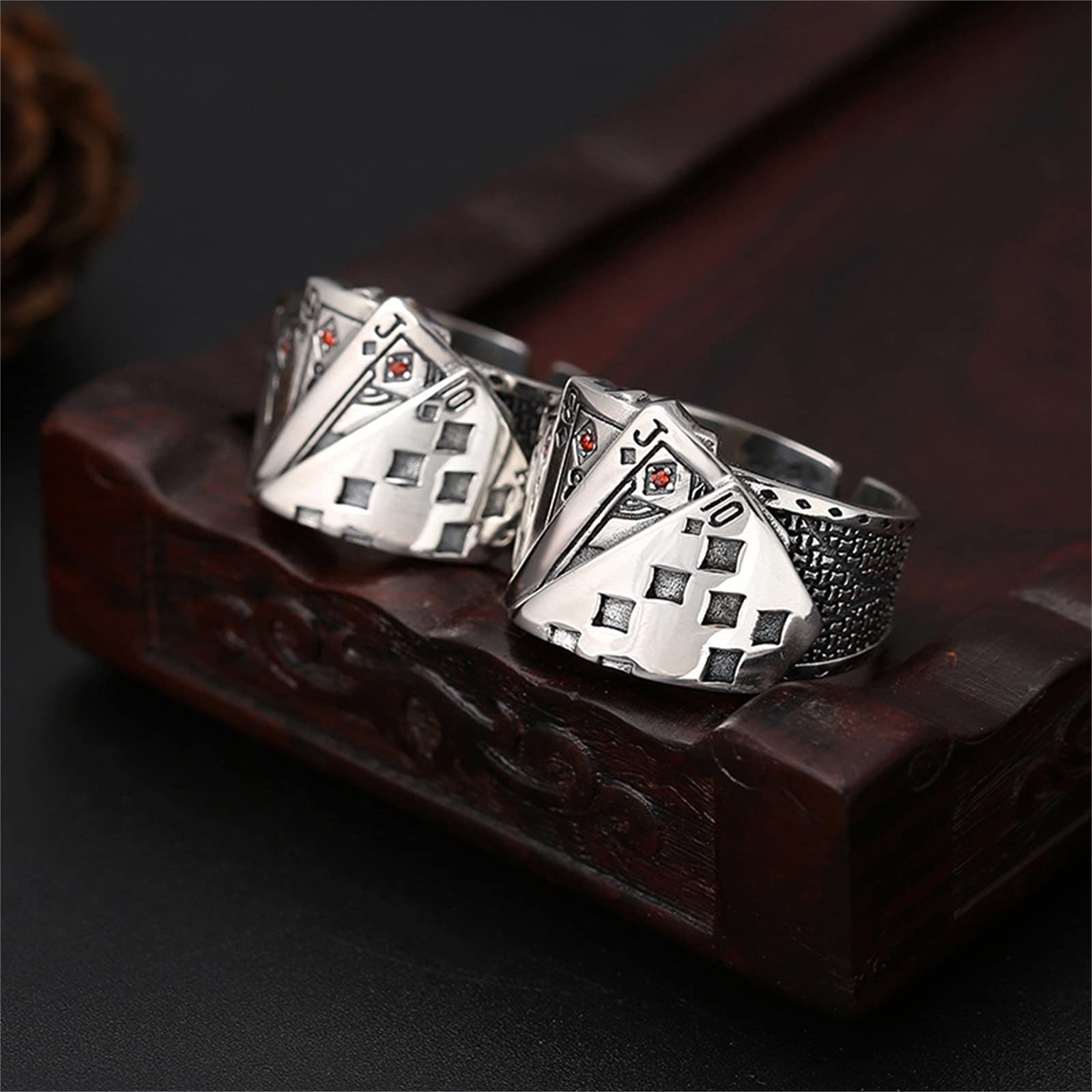 Poker Card Ring Adjustable Spade Flush Red Square Punk Jewelry